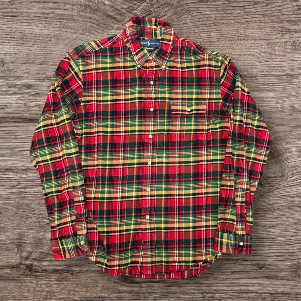 Polo Ralph Lauren Mens Large Custom Fit Plaid Flannel Shirt Red Green Yellow